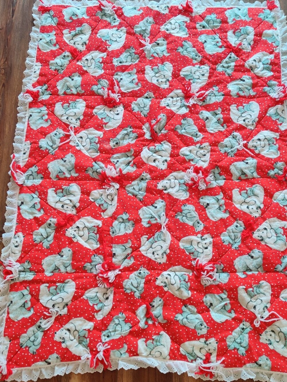 Vintage Handmade Red Polar Bear Baby Blanket Red Quilt Christmas Holiday Lace